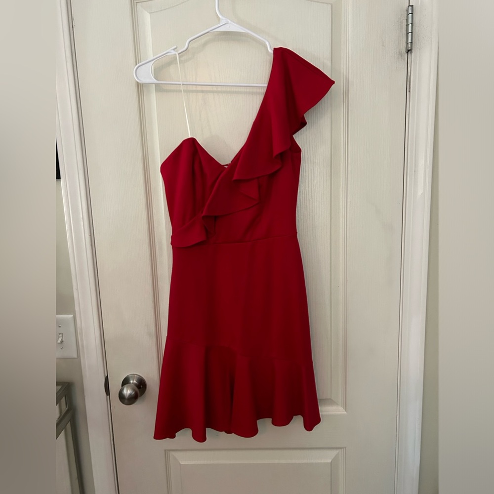 Amanda Uprichard Red Ruffle One Shoulder Mini Dress - Picture 1 of 10